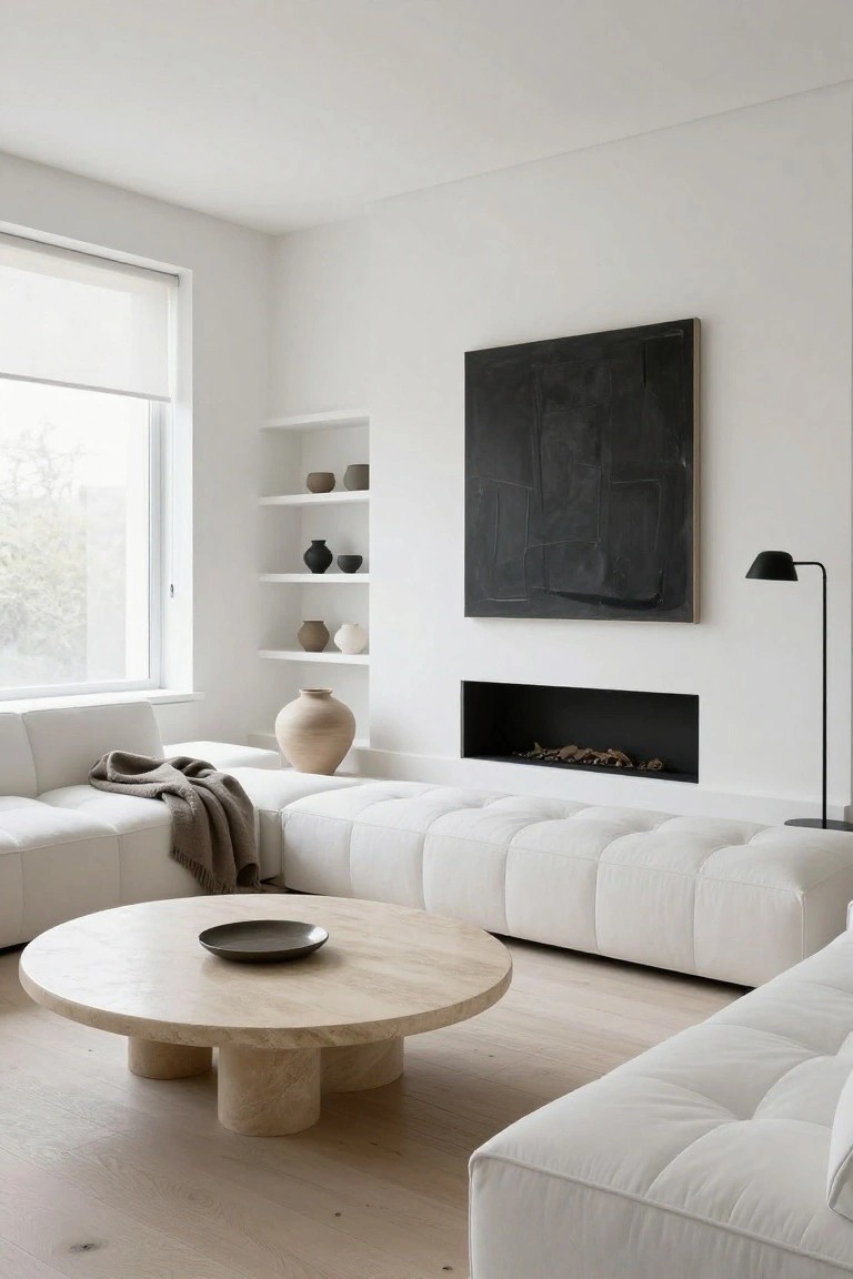 Modern white living room featuring a large round travertine coffee table, modular white sofa with gray throw, built-in shelves holding ceramic vases, black abstract wall art, slim black floor lamp, and recessed fireplace with wood logs.