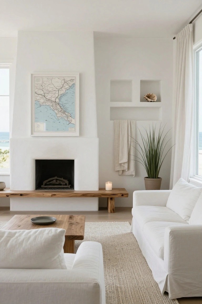 A minimalist white living room with a white brick fireplace topped by a long wooden bench, white sofa, wooden coffee table on a light rug, wall art of a map, potted plant, and ocean view through large windows.