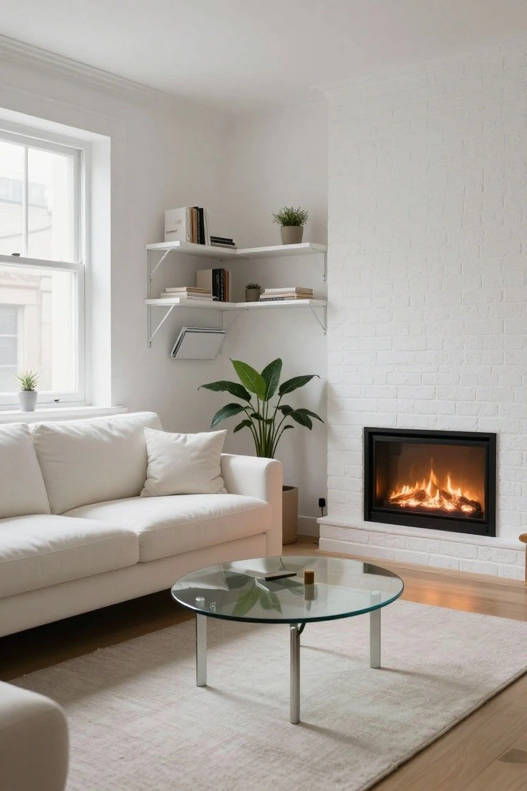 A minimalist white living room with a fireplace framed by white brick, a white sofa, glass coffee table on a light rug, floating white shelves, and potted plants near large windows.
