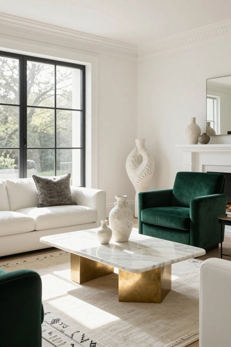 Sunlit white living room with white sofa, emerald green velvet armchair, marble-top coffee table with brass legs, sculptural white ceramic vases, white fireplace, and large black-framed windows overlooking trees.