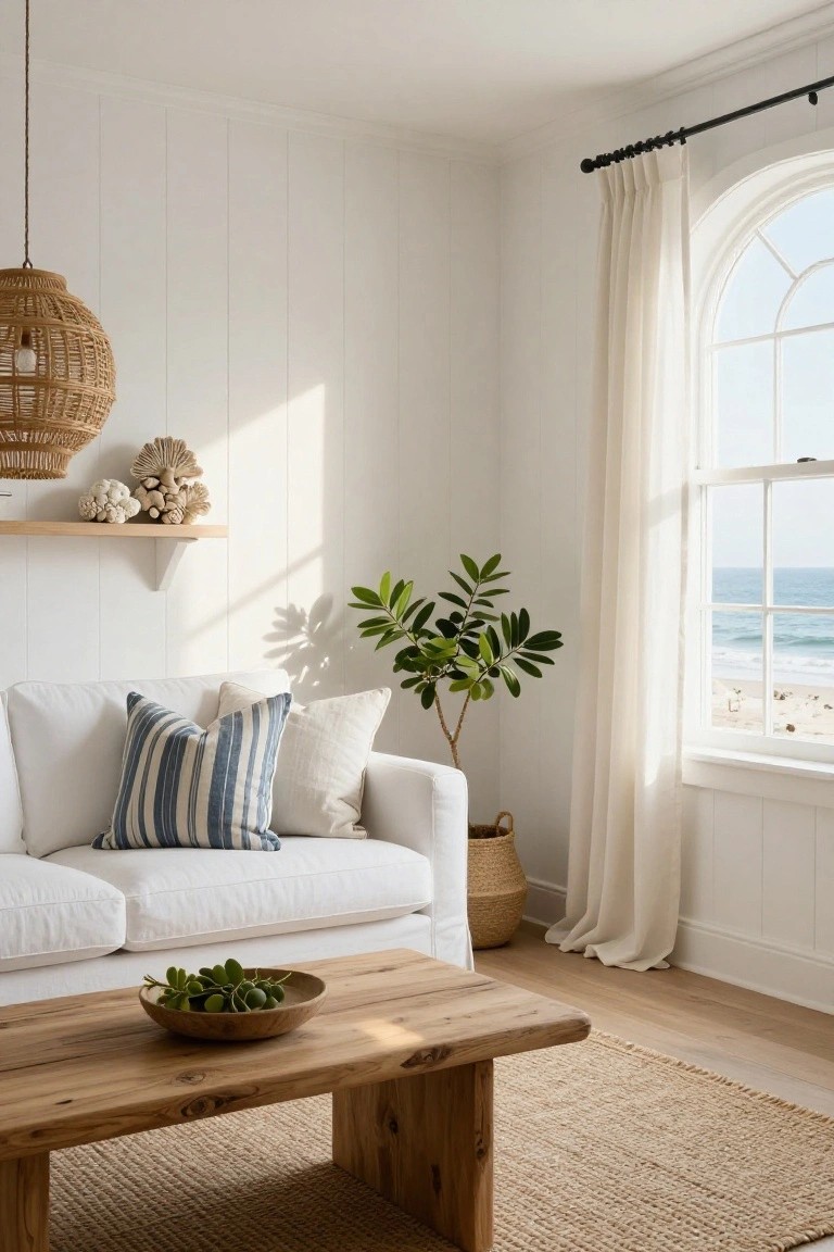 Bright white living room with vertical shiplap walls, white sofa with blue striped pillows and cream cushions, wooden coffee table holding a bowl of greens, potted plants, woven basket, shelf with seashells, and arched window with white curtains overlooking ocean and beach.
