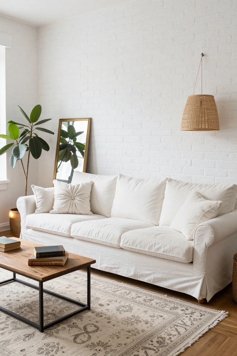 A white slipcovered sofa sits in a living room with exposed white brick walls, a wood and metal coffee table holding stacked books, potted plants, a gold-framed mirror, and a beige rug on hardwood floors.