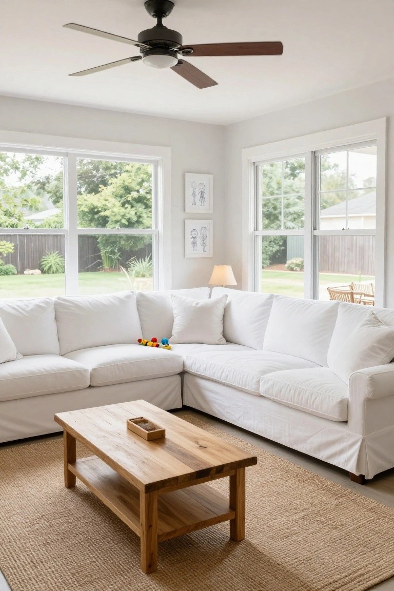 Corner of a bright living room with white slipcovered L-shaped sofa, scattered colorful toys on cushions, wooden coffee table with small box, seagrass rug, ceiling fan, lamp, artwork on walls, and large windows showing garden view.