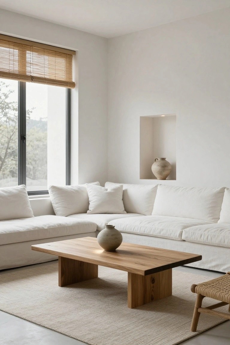 White L-shaped sofa in a bright corner living room with low wooden coffee table, ceramic vase on table, bamboo blinds on window, wall niche holding vase, rattan stool, and light rug on floor.