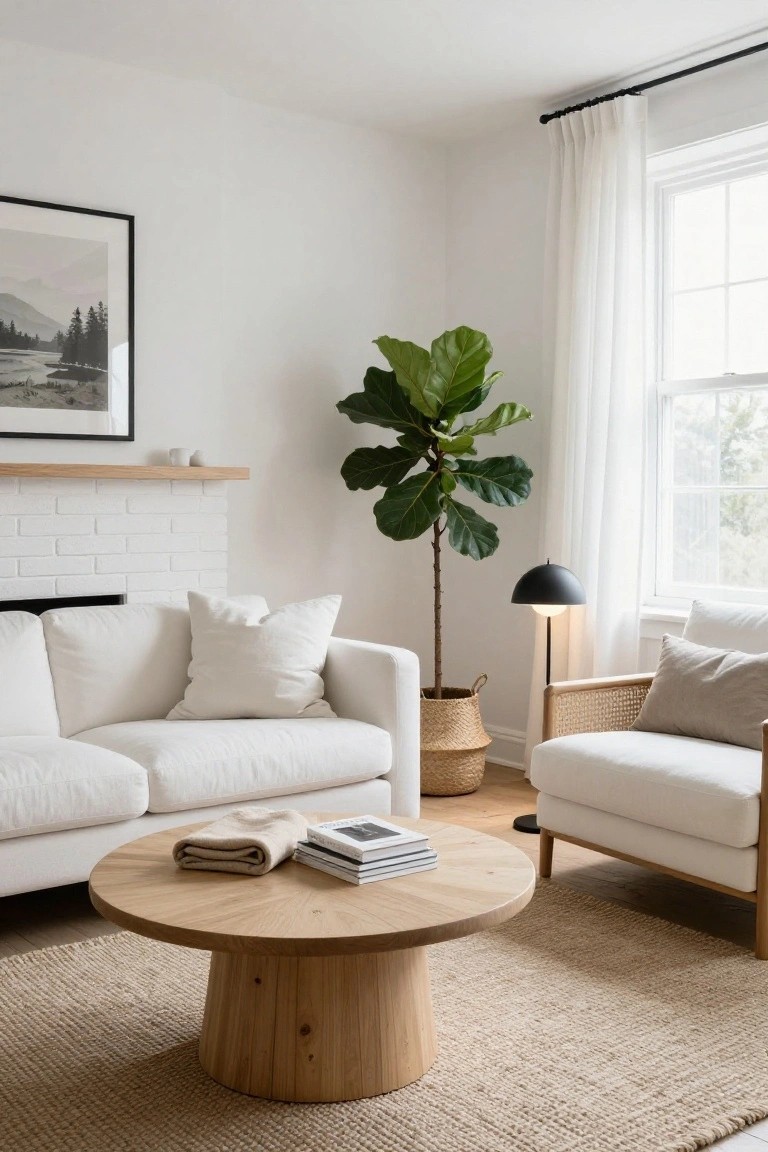 White living room corner with white sofa and pillows, white rattan-trimmed chair, round oak pedestal coffee table, tall fiddle leaf fig plant, seagrass rug, oak floating shelf above white brick fireplace, and sheer curtains on window.
