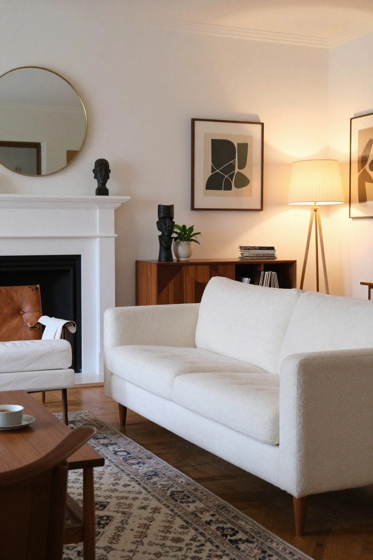 White bouclé sofa in a living room with wooden credenza, tan leather armchair by white fireplace, abstract artworks, sculptural black figures, potted plant, brass mirror, and tripod lamp on hardwood floor with rug.