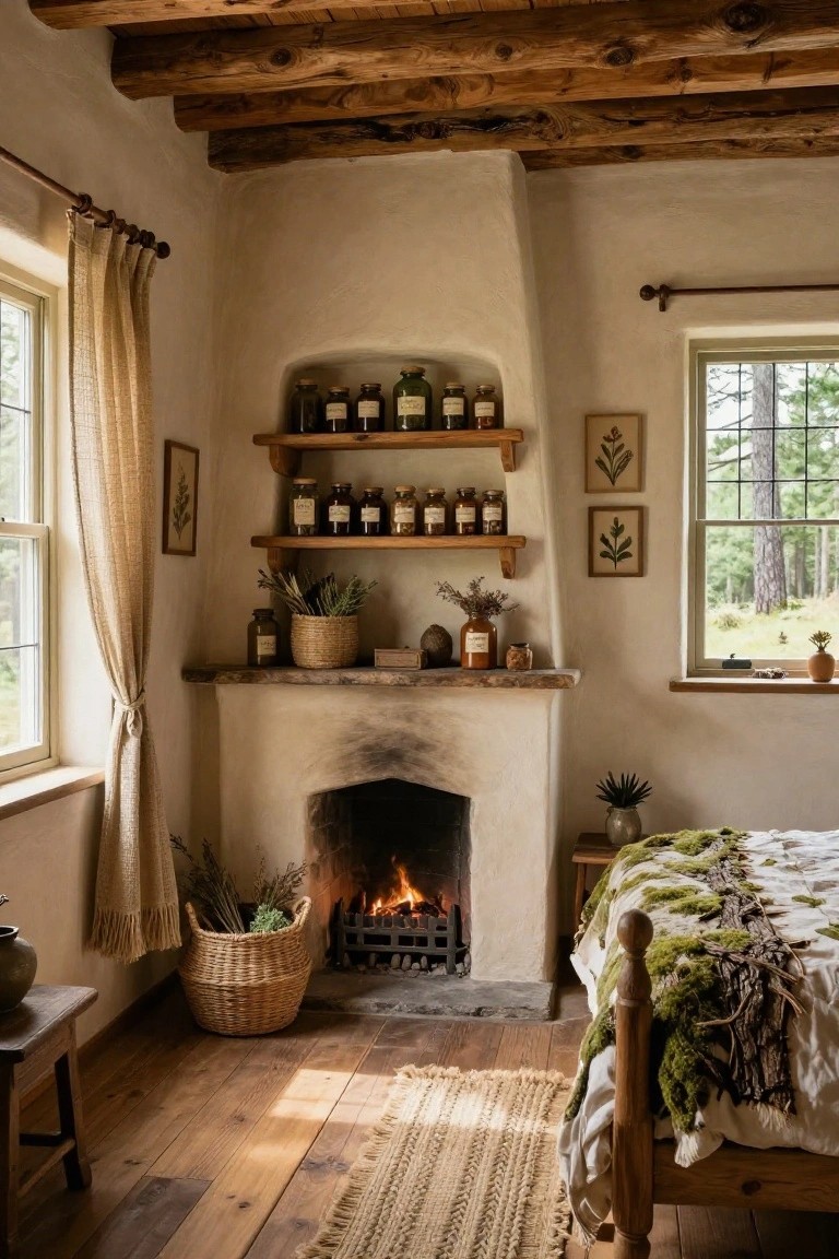 Bedroom corner with adobe walls and beamed ceiling, wood shelves stocked with glass jars over a lit stone fireplace, potted plants, baskets, and a wooden bed with green and white bedding.