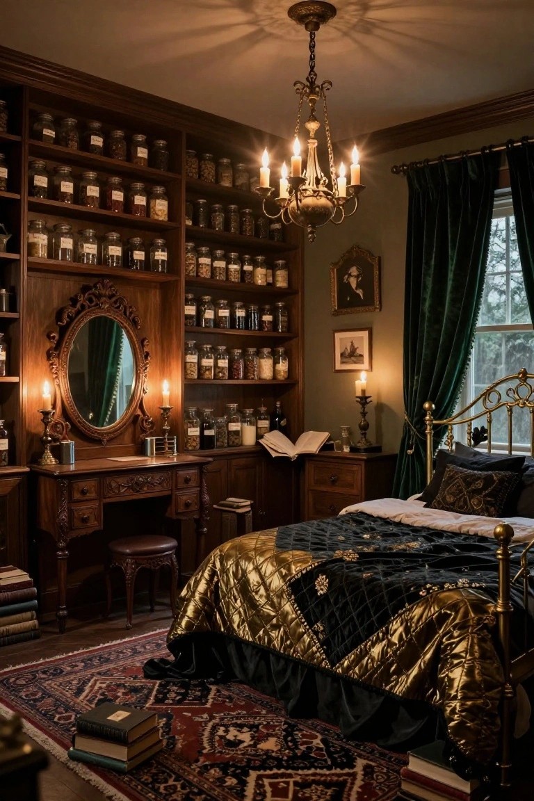 Dark wood built-in shelving walls filled with glass jars of herbs and spices in a bedroom featuring a brass bed with green and gold bedding, ornate vanity mirror, and candlelight.