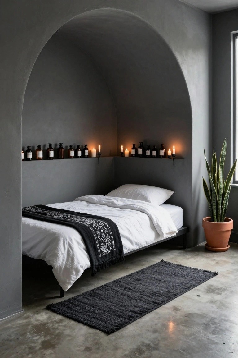 Gray arched alcove in a bedroom with built-in wooden shelves holding brown glass bottles and lit candles above a low white bed with black patterned runner, tall snake plant in terracotta pot, black rug on concrete floor.