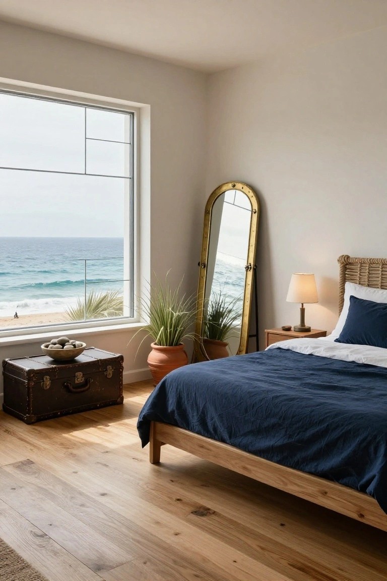 A bedroom featuring a low wooden bed with navy bedding positioned in front of a large grid window overlooking the ocean and beach, with a tall gold arched mirror, potted plants, a rattan headboard, bedside lamp, and vintage trunk nearby on oak floors.