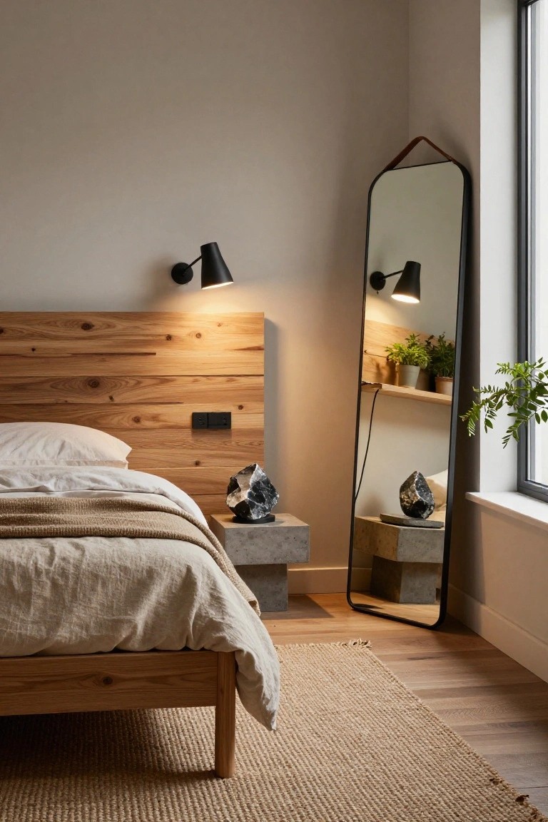 Bedroom with wooden slat wall headboard, white bedding on wooden bed frame, two dark crystal sculptures on gray concrete pedestals beside the bed, tall black-framed mirror with leather strap handle, potted plants on shelves, wall sconces, and beige rug on wood floor.