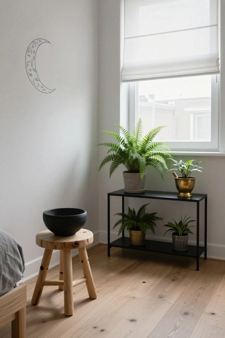 Bedroom corner with a black metal shelving unit holding potted ferns and other plants on multiple levels, a wooden stool topped with a black bowl nearby, a brass planter on top shelf, sheer white window blinds, a line-art crescent moon decal on white wall, and partial bed frame on light wood floor.