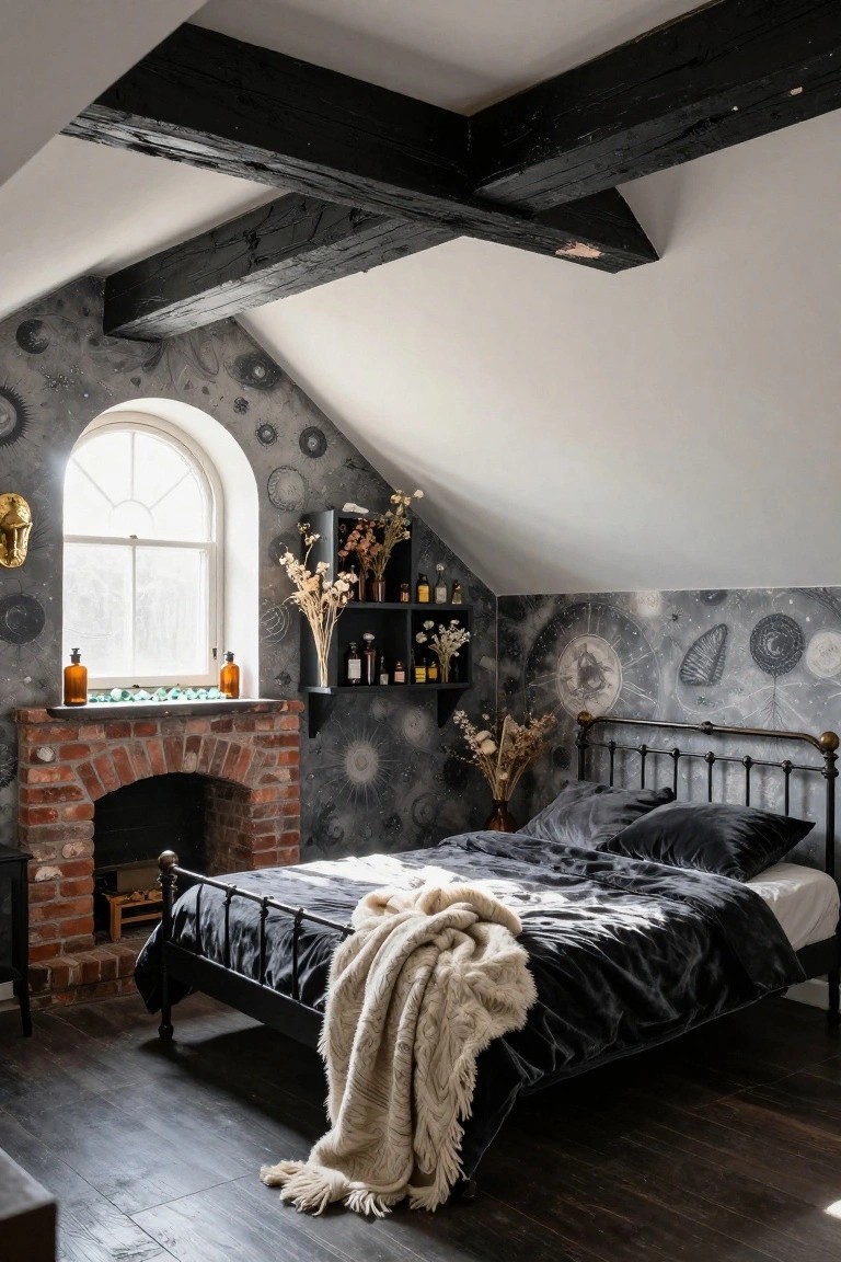 Attic bedroom with sloped white ceiling and exposed black beams, dark wallpaper featuring celestial motifs like moons stars and planets, black metal bed with velvet bedding and white throw, brick fireplace, and wooden shelves with bottles and dried flowers.