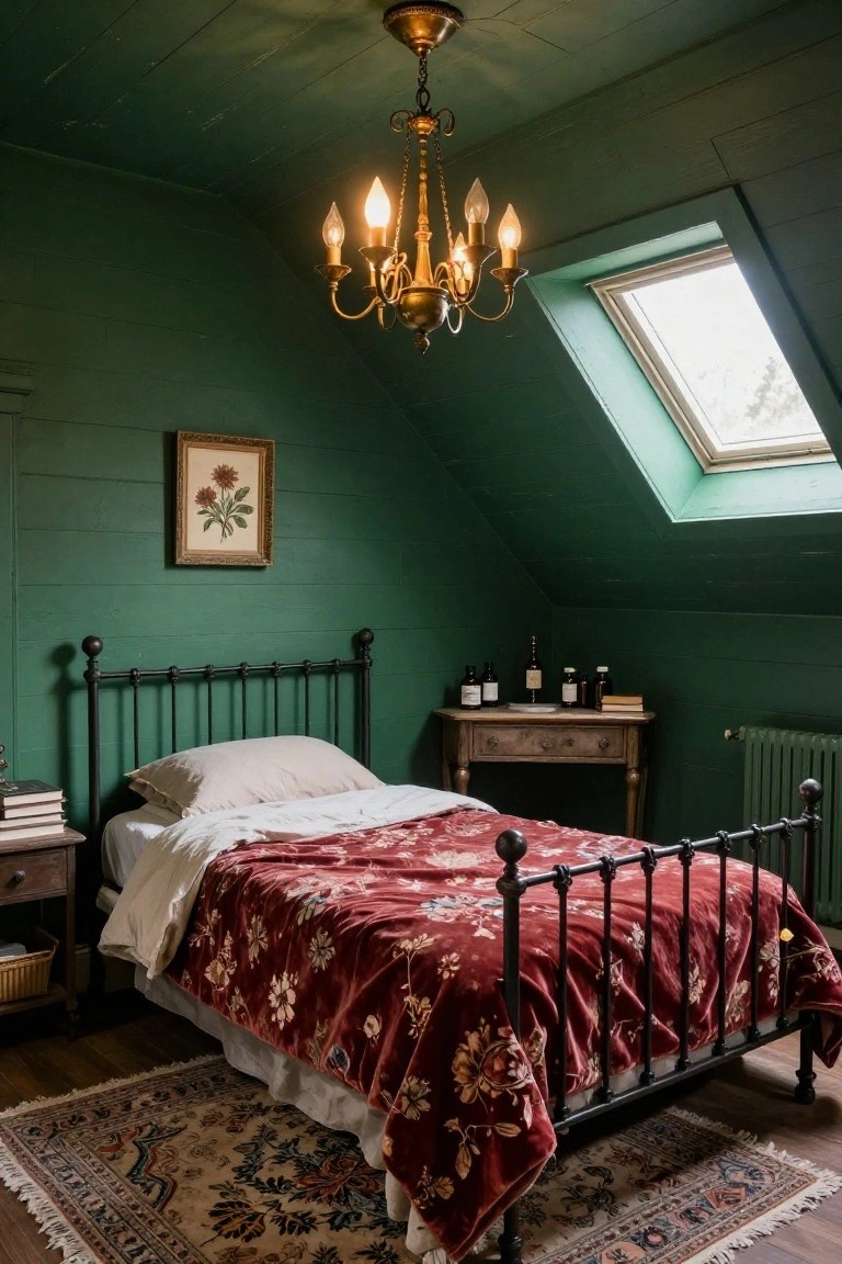 Attic bedroom with deep green shiplap walls and ceiling, black iron bed with white sheets and red floral quilt, brass five-arm chandelier, wooden side table with glass bottles, skylight window, and framed flower artwork.
