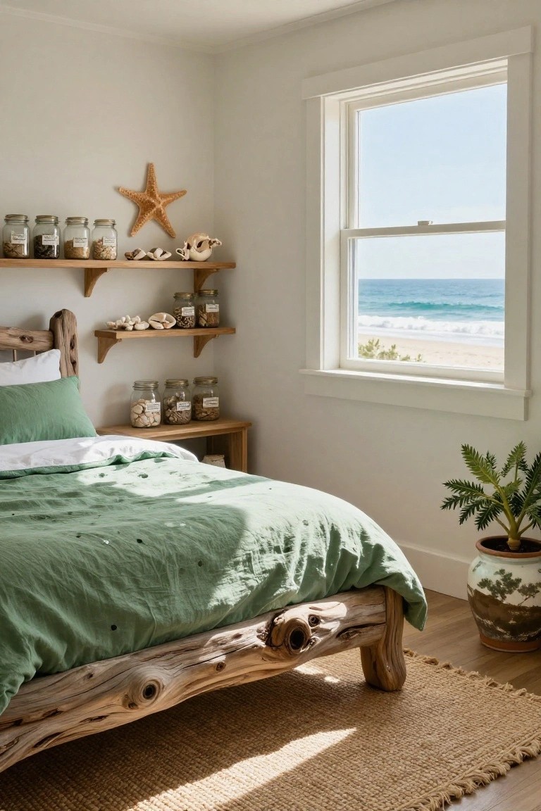 Bedroom featuring a bed with driftwood frame and green bedding, wooden shelves with jars of shells and seashells, starfish and shell decor, potted plants, and a large window showing ocean and beach view.