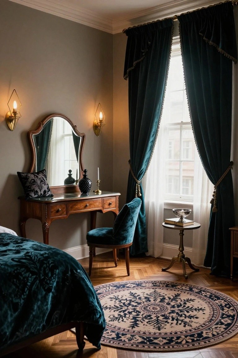 Corner of a bedroom with wooden vanity table and mirror, emerald green velvet curtains framing a tall window, matching green velvet bed, velvet chair, antique side table, and patterned rug on parquet floor.