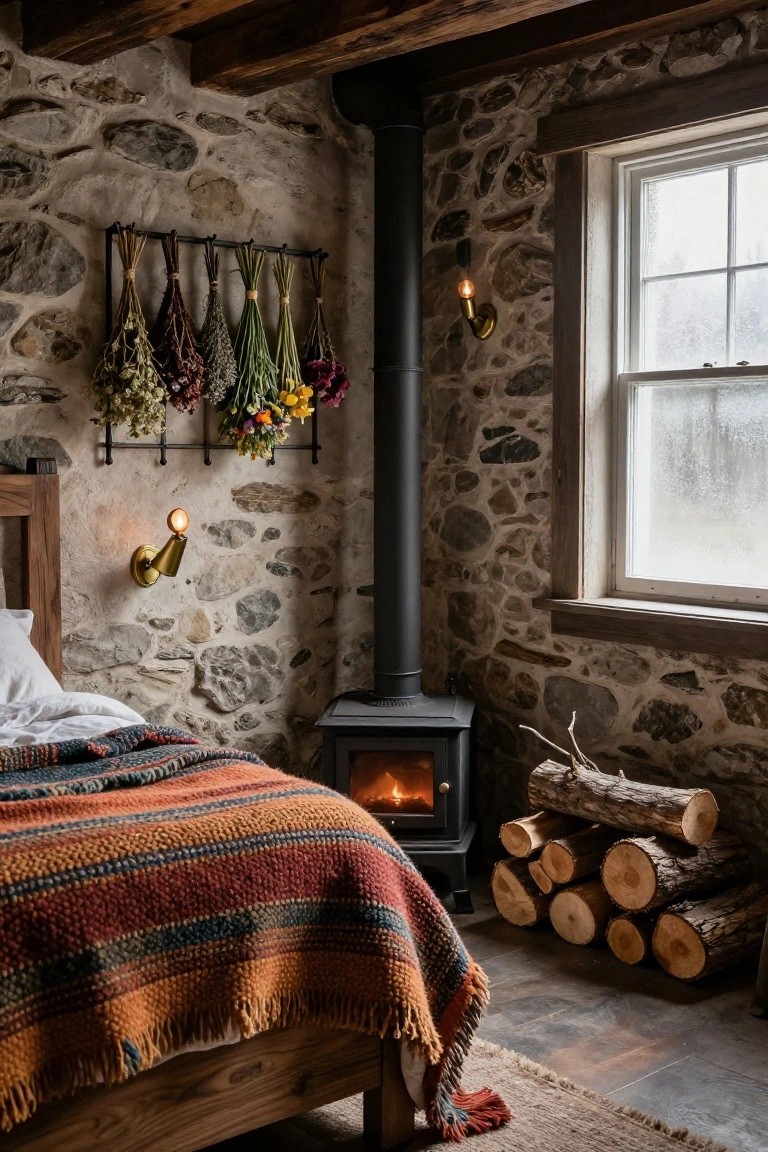 Rustic bedroom with stone walls, wooden bed draped in colorful striped blanket, black wood stove burning with firewood stack nearby, metal wall rack holding bundles of dried herbs and flowers, and a window showing condensation.