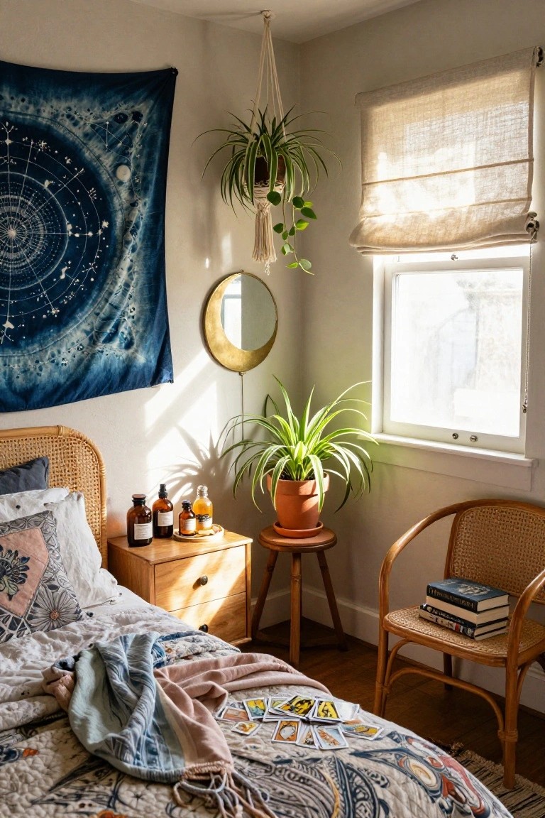 Bedroom corner featuring a large indigo shibori celestial tapestry on the wall above a rattan bed with scattered tarot cards and quilts, wooden nightstand with essential oil bottles, potted snake plant on stool, hanging plants, gold mirror, and rattan chair with stacked books.