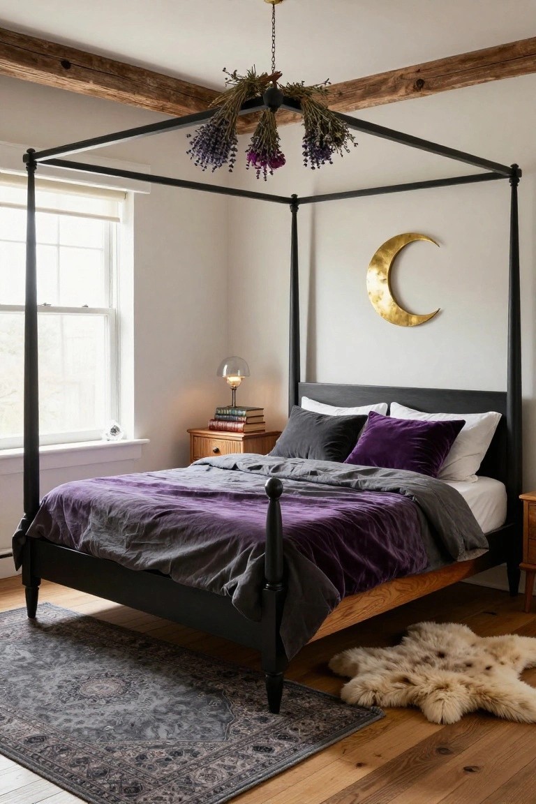 A cozy bedroom with a black four-poster canopy bed draped in gray linens and purple velvet bedding, dried lavender bundles hanging from the canopy, a gold crescent moon wall decal, books on a wooden nightstand, and a sheepskin rug on hardwood floors.