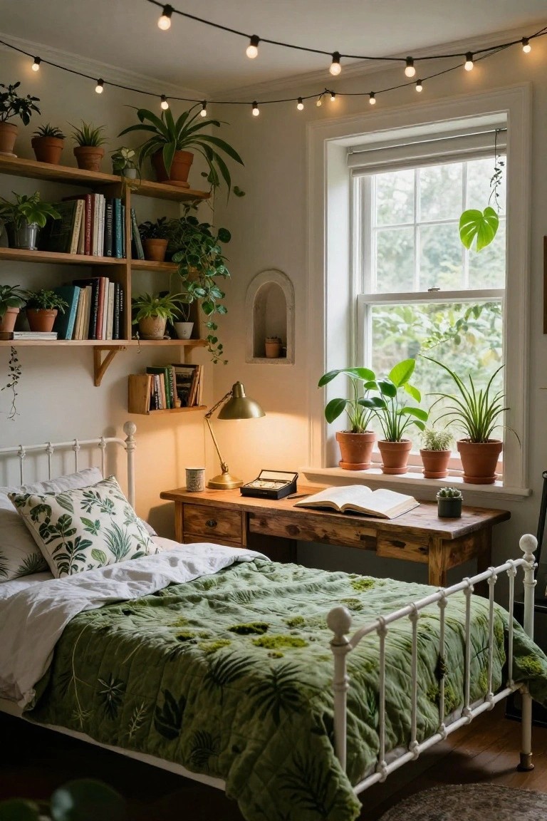 Cozy bedroom featuring a white iron bed with green quilt and leaf-patterned pillows, wooden desk with lamp and open book, extensive wooden shelves filled with books and numerous potted plants, string lights overhead, and plants on windowsills.