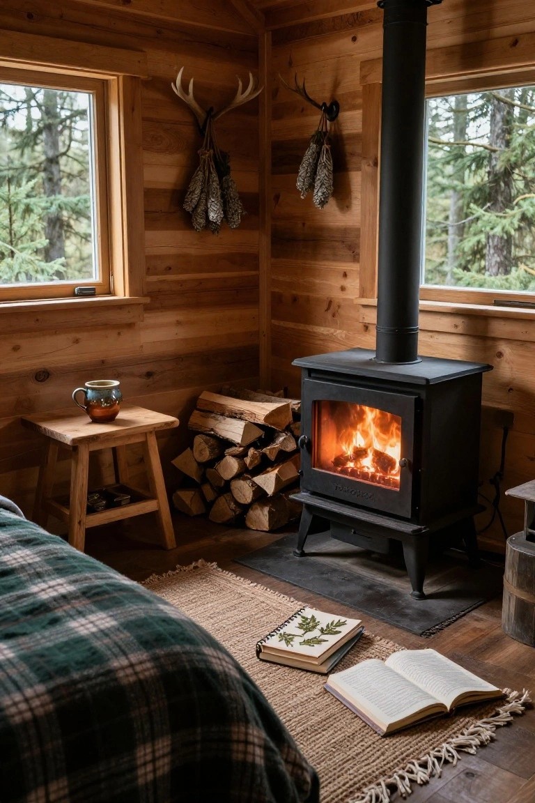 Wooden cabin bedroom interior with black wood-burning stove showing fire inside, stack of firewood beside it, plaid bed, open books and notebook on floor, mug on wooden stool, antlers and dried herbs hanging on walls, forest visible through windows.
