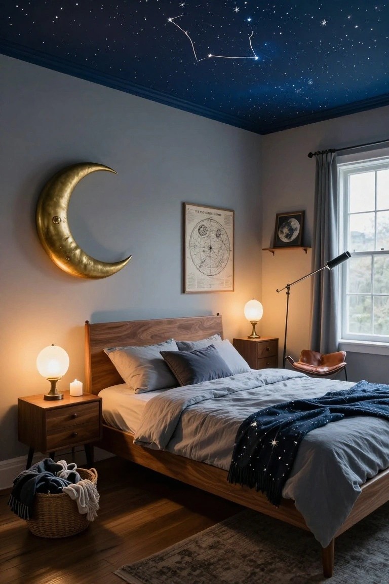 Bedroom interior with navy blue starry ceiling featuring constellations, gray walls, large gold crescent moon wall hanging, wooden bed with gray linens and navy starry throw, two bedside lamps, and celestial artwork.
