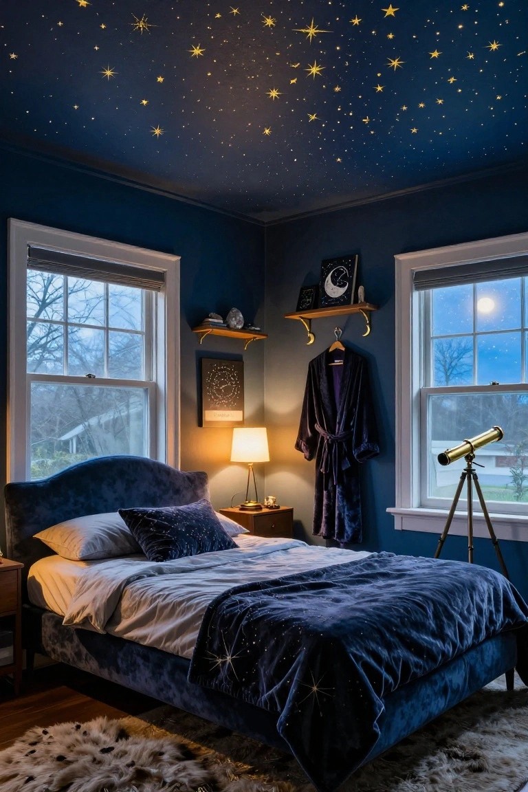 Corner of a navy blue bedroom with gold starry painted ceiling, velvet bed draped in starry blanket, brass telescope by window showing moon and trees outside, moon artwork on wall, and purple robe hanging nearby.