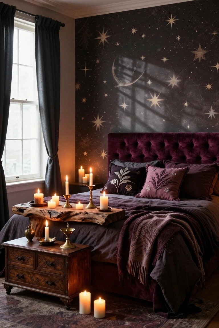 Bedroom with dark navy walls featuring scattered gold stars and a crescent moon mural, tufted purple velvet headboard bed with pillows and throws, wooden tray holding candles, antique nightstand, and floor candles on a patterned rug.
