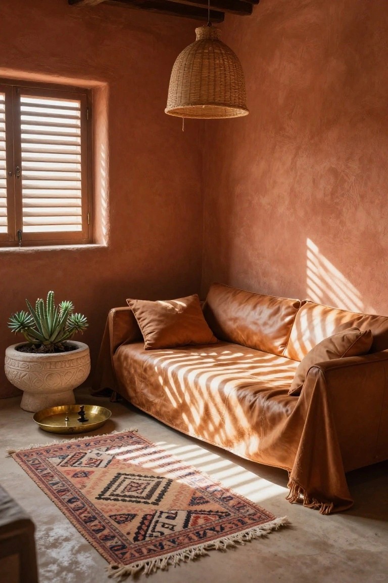 Cozy room corner with terracotta plaster walls, tan leather sofa with pillows and throw, potted cactus plant, brass tray holding a candle, woven pendant lamp overhead, patterned rug on the floor, and sunlight casting shadows through wooden shutters on the window.