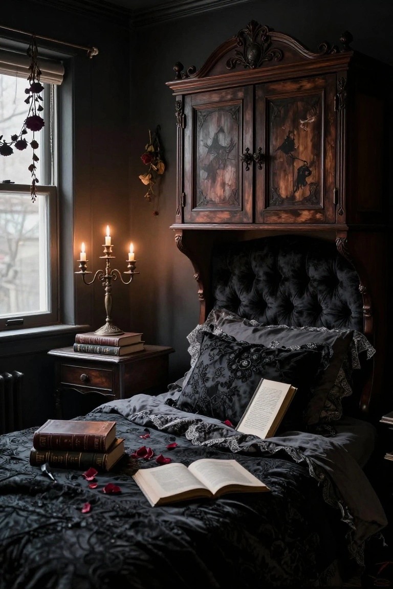 Dimly lit bedroom with dark gray walls, a tall wooden wardrobe featuring carved bat and ship motifs, black tufted velvet bed headboard with gray lace pillows and black bedding, open antique books and red rose petals on the bed, candlelit nightstand with stacked books, and dried roses hanging near a window.