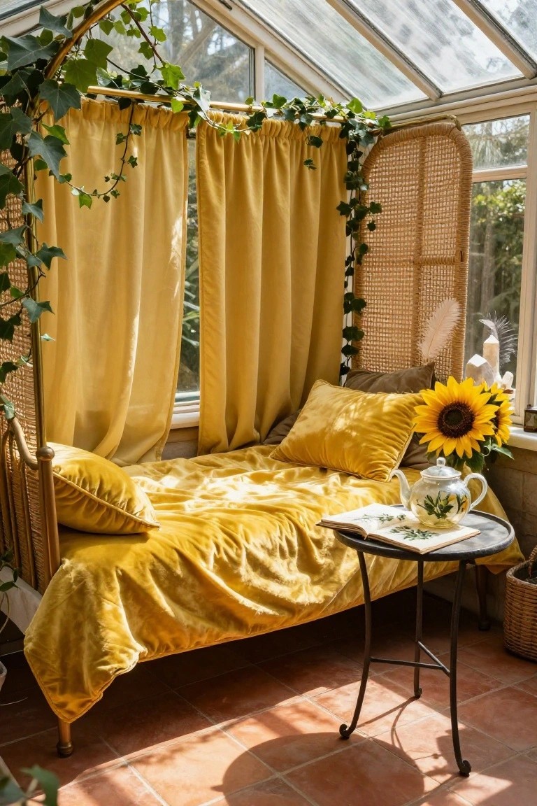 Rattan daybed with mustard yellow velvet bedding and pillows in a glass conservatory, draped with ivy and yellow curtains, sunflowers in a vase, teapot, open book on side table, terracotta floor.