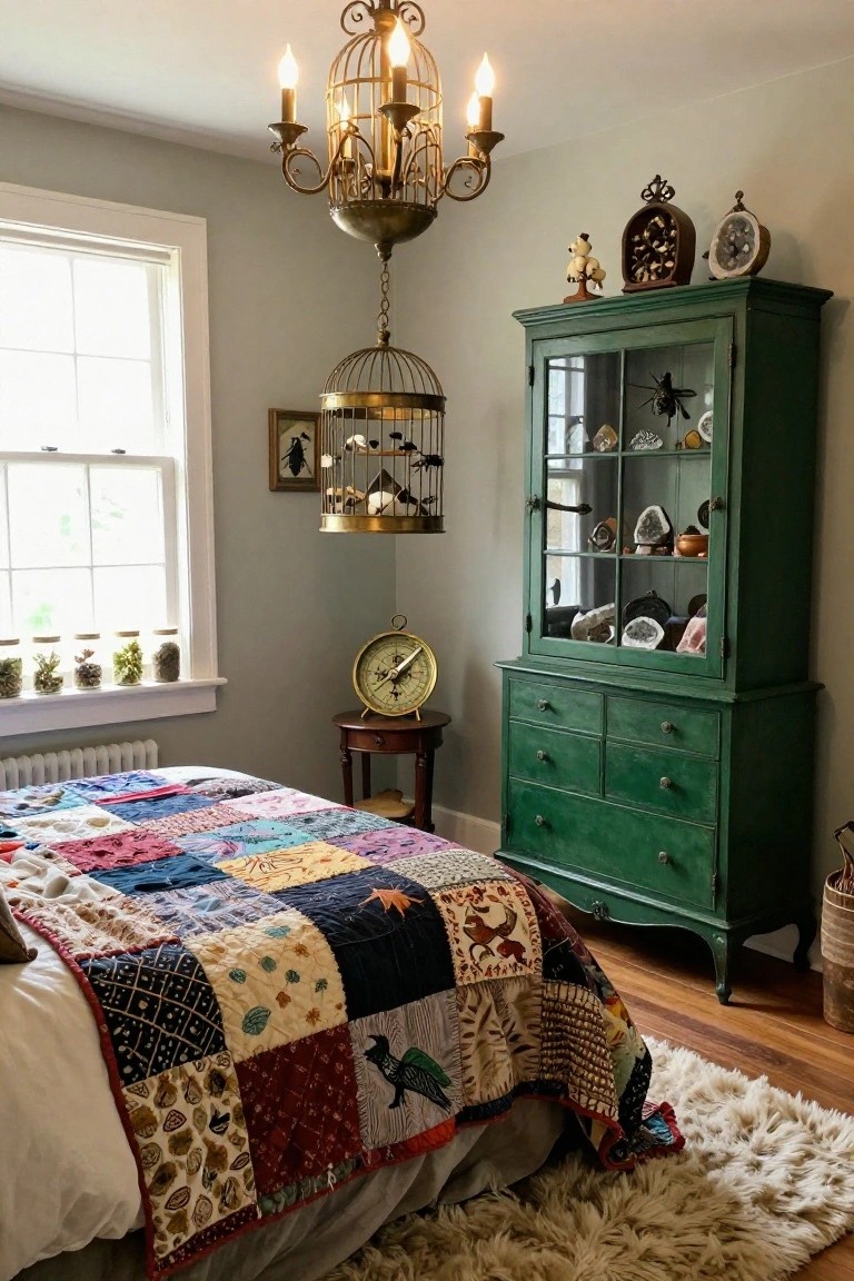 Bedroom corner with a green painted curio cabinet displaying crystals, geodes, and specimens behind glass doors, a hanging birdcage, patchwork quilt on bed, plants in jars on windowsill, and wall clock nearby.