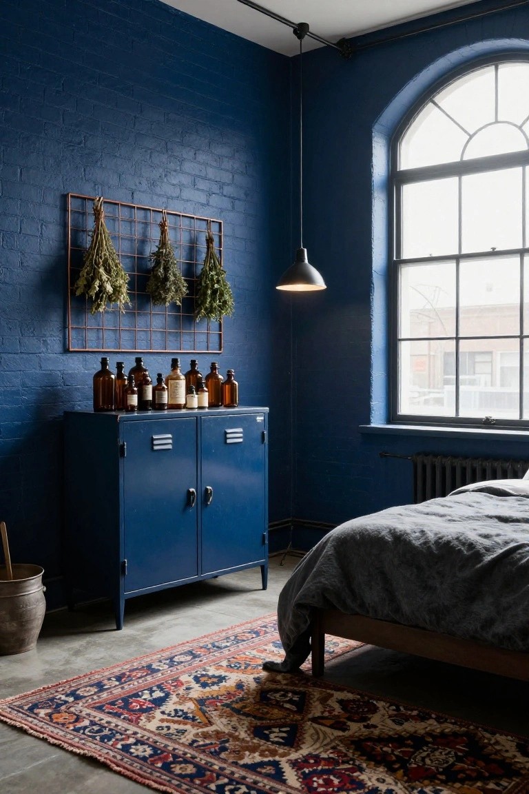 Bedroom interior featuring deep blue brick walls, a tall blue metal cabinet with rows of glass apothecary bottles on shelves, a copper grid wall hanging with dried herb bundles, a pendant light, gray bed linens on a wooden bed frame, and a patterned Persian rug on the concrete floor.