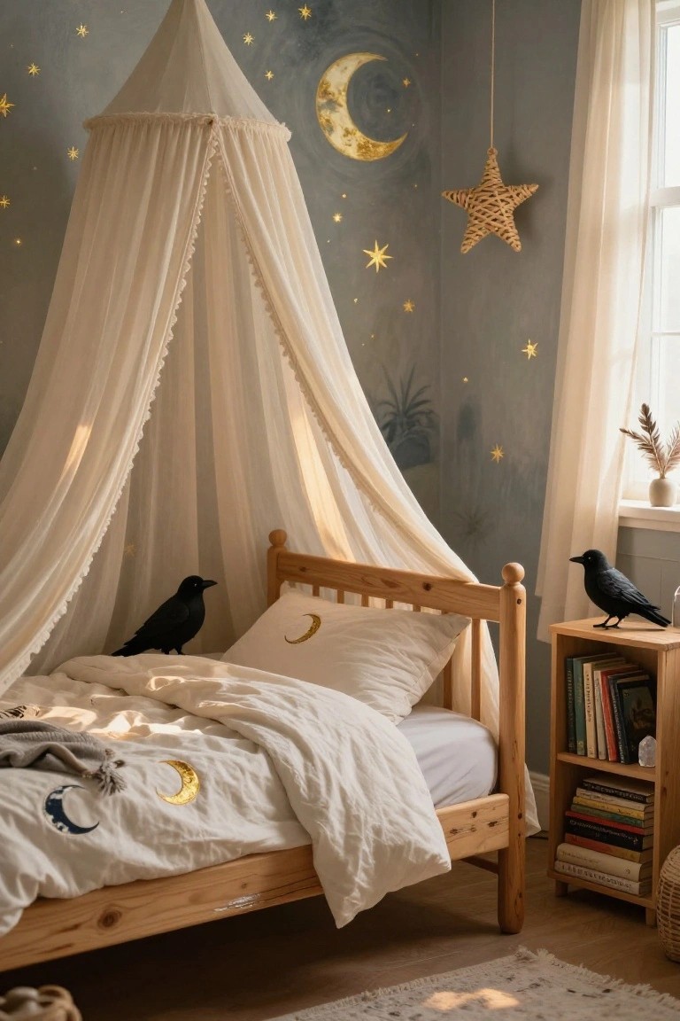 Wooden child's bed with white sheer canopy trimmed in lace, moon-embroidered white bedding, a black raven on the bed and another on a bedside table, in a room with painted starry walls, gold moon decals, and celestial hanging decor.