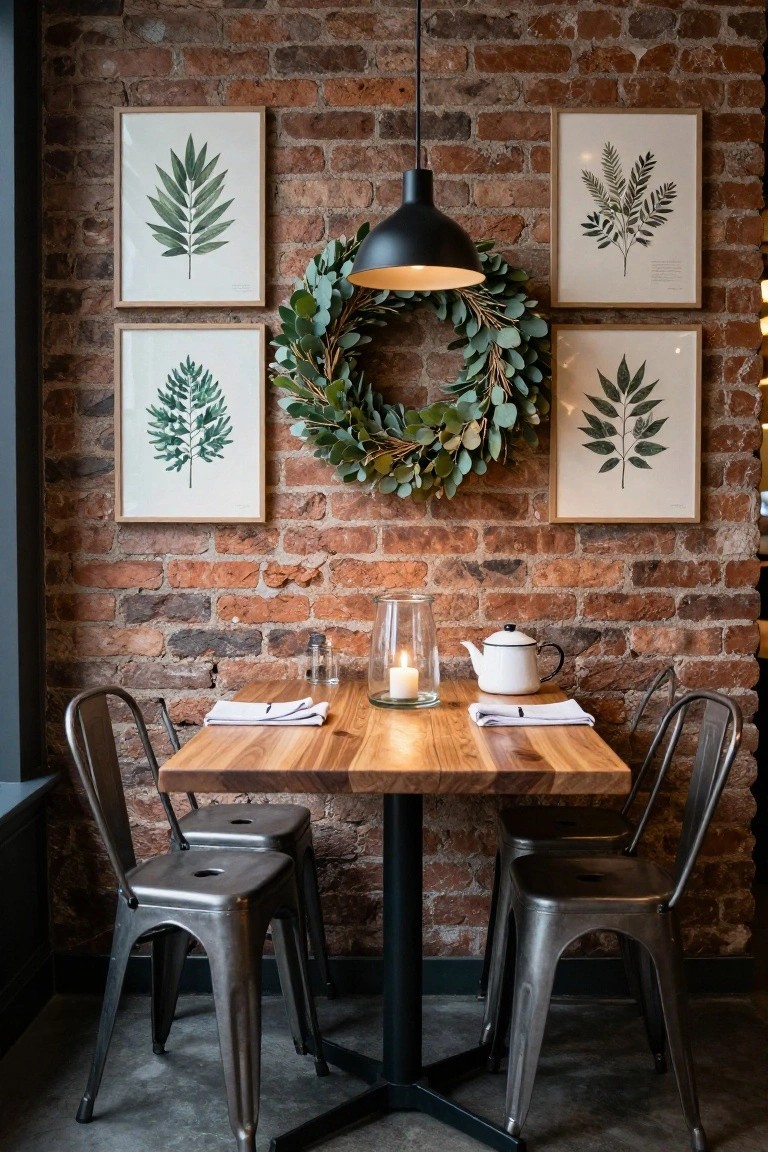Exposed brick wall dining nook with wooden table set for tea including white teapot, glass candle holder, and napkins, flanked by black metal chairs, botanical leaf prints in wood frames, black pendant light, and large eucalyptus wreath centered on wall above table.