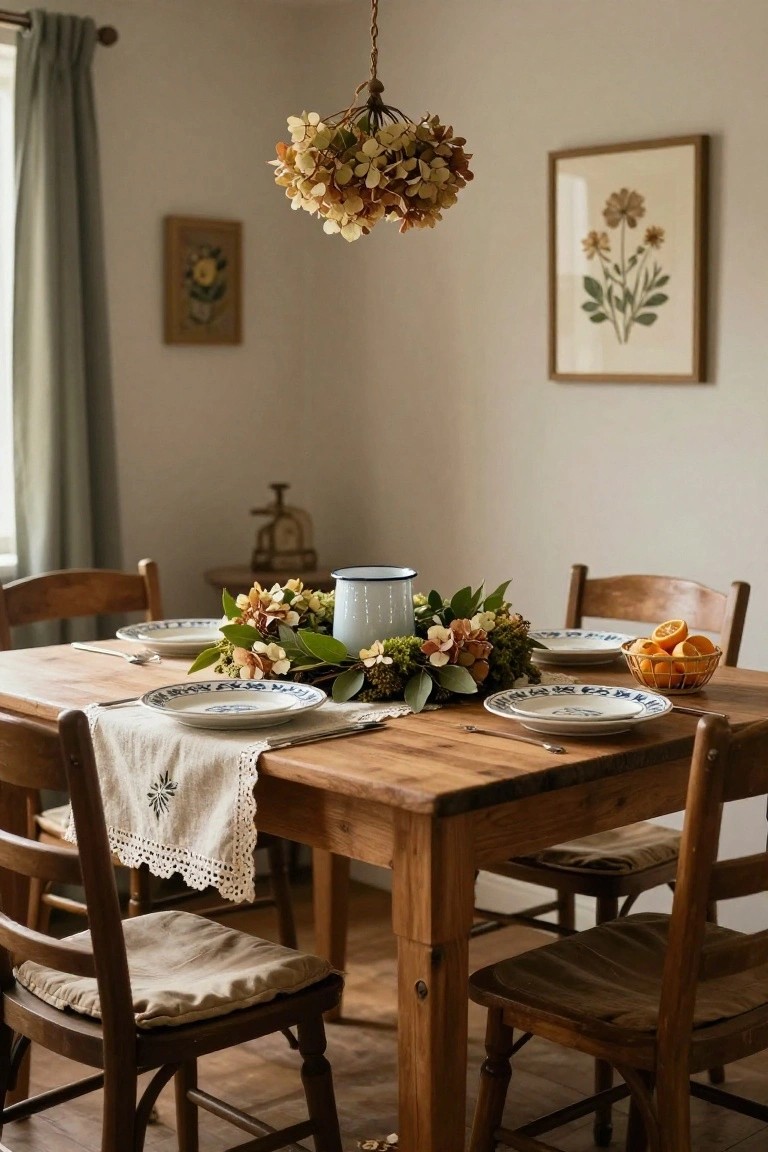 Rustic wooden dining table set with blue floral plates, dried flowers, and chairs.