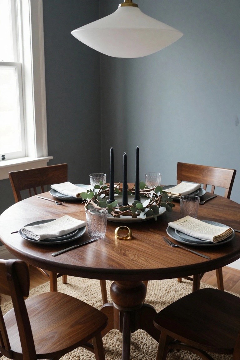 Round wooden dining table set for four with matte plates, folded white napkins, glass tumblers, and a central eucalyptus wreath holding three black taper candles, wooden chairs, seagrass rug, in a gray-walled room under white pendant light.