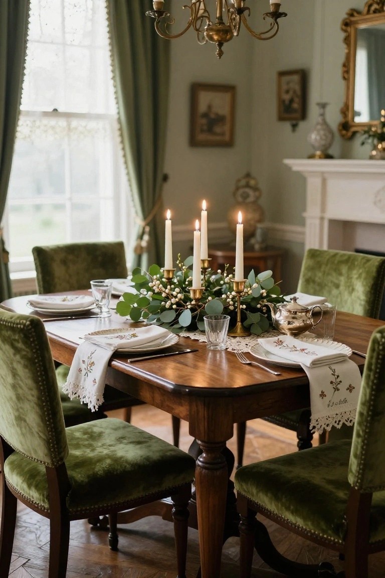 Dining room table set for Christmas with a low eucalyptus and berry wreath centerpiece, gold candlesticks with lit tapers, white plates and linens on a wooden table, surrounded by green velvet chairs, green drapes, chandelier, and fireplace in background.