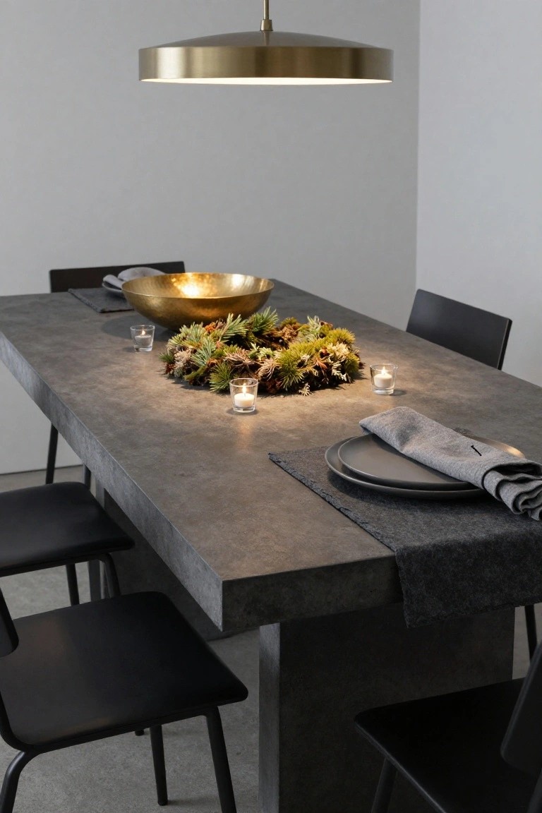 Modern gray concrete dining table with black chairs, centered green evergreen wreath with moss and candles, gold bowl, gray placemats, and brass pendant light overhead in a white room.