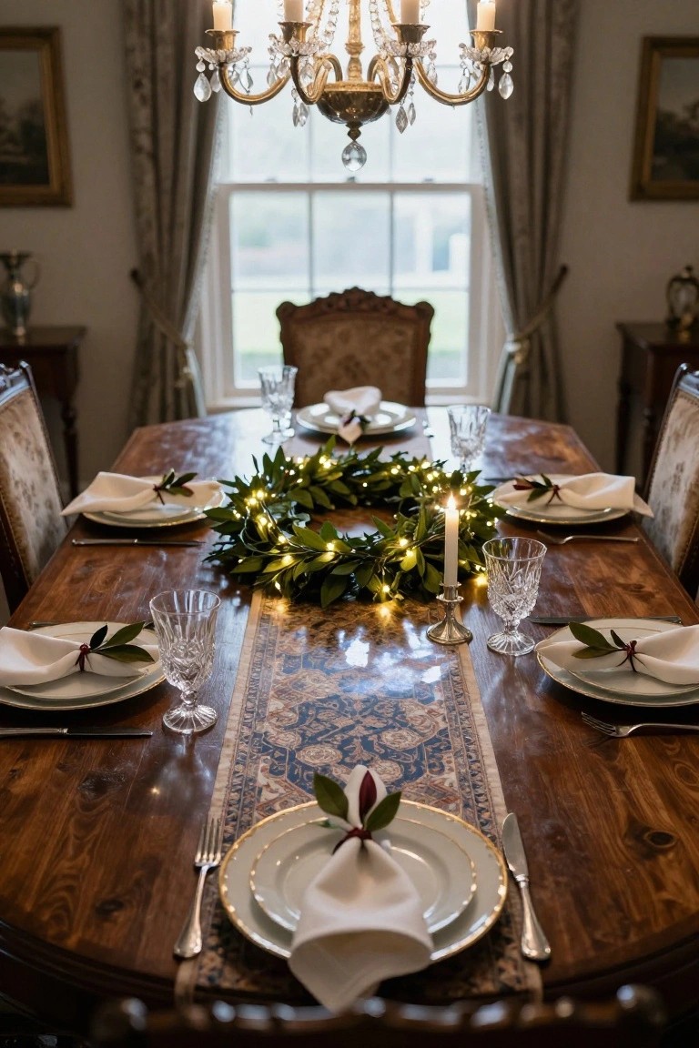 Elegant dining table with lit greenery centerpiece, crystal glasses, and white plates.