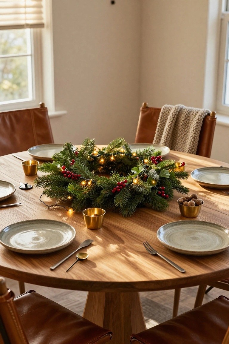 Round evergreen wreath with red berries, fairy lights, and pinecones as centerpiece on wooden round dining table set with neutral plates, gold cups, flatware, and leather chairs in bright room.