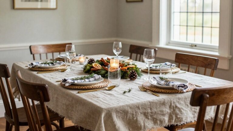 25 Wreath Centerpiece Christmas Table Ideas That Bring the Outdoors In Wooden dining table with central moss wreath centerpiece including dried oranges, candles, pinecones, and rosemary sprigs, set with placemats, napkins, plates, and glassware in a light-filled room.