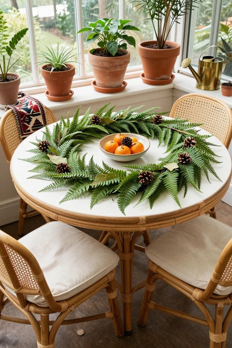 Round white table in a sunroom with a circular wreath of green ferns and pinecones around a central bowl of oranges, flanked by rattan chairs with white cushions, large windows, and potted plants.