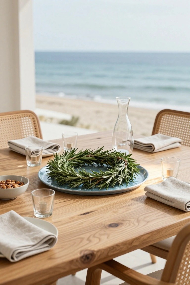 Outdoor wooden dining table on a terrace with ocean view, centered by a green rosemary wreath on a turquoise plate, flanked by linen napkins, small glasses with candles, a glass carafe, and bowl of almonds.