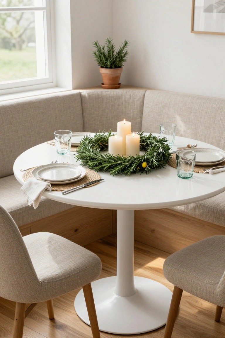 Cozy beige corner bench seating around a white round pedestal table in a light-filled room, with a green rosemary wreath centerpiece holding white candles, set for two with green glass tumblers, white plates, and seagrass placemats.