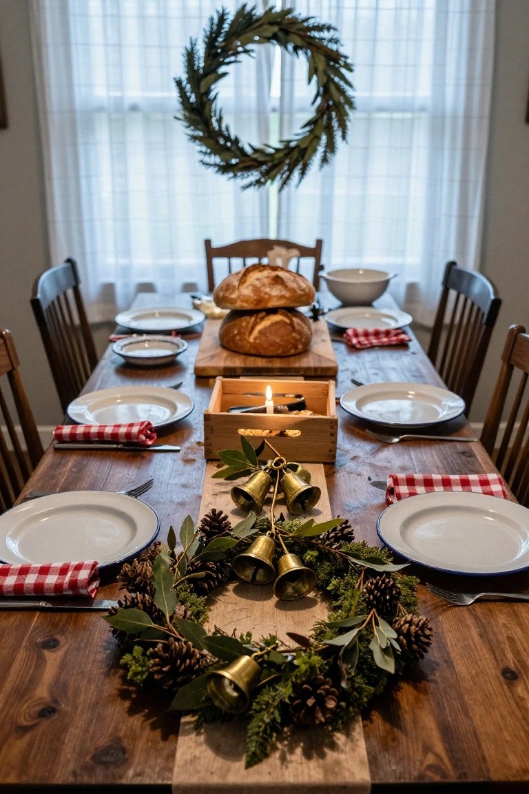 Wooden dining table set for Christmas with white plates, red checkered napkins, bread loaves on a board, and a central greenery wreath with pinecones and brass bells running lengthwise.