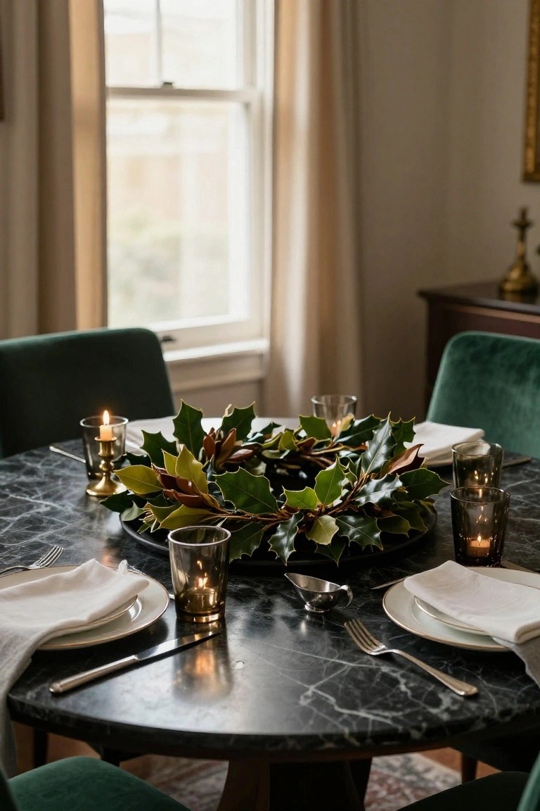 Closeup of a round black marble dining table with a central wreath of green holly leaves and brown magnolia branches on a white plate, surrounded by amber glass candle holders with lit candles, white plates, napkins, silverware, and a small silver gravy boat, with green velvet chairs and a window in the background.