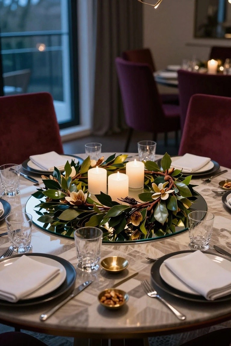 Round dining table with central wreath of green magnolia leaves, white flowers, berries, and three white pillar candles on a mirrored tray, set with white plates, napkins, glassware, cutlery, nut bowls, purple velvet chairs, and window view in a modern interior.