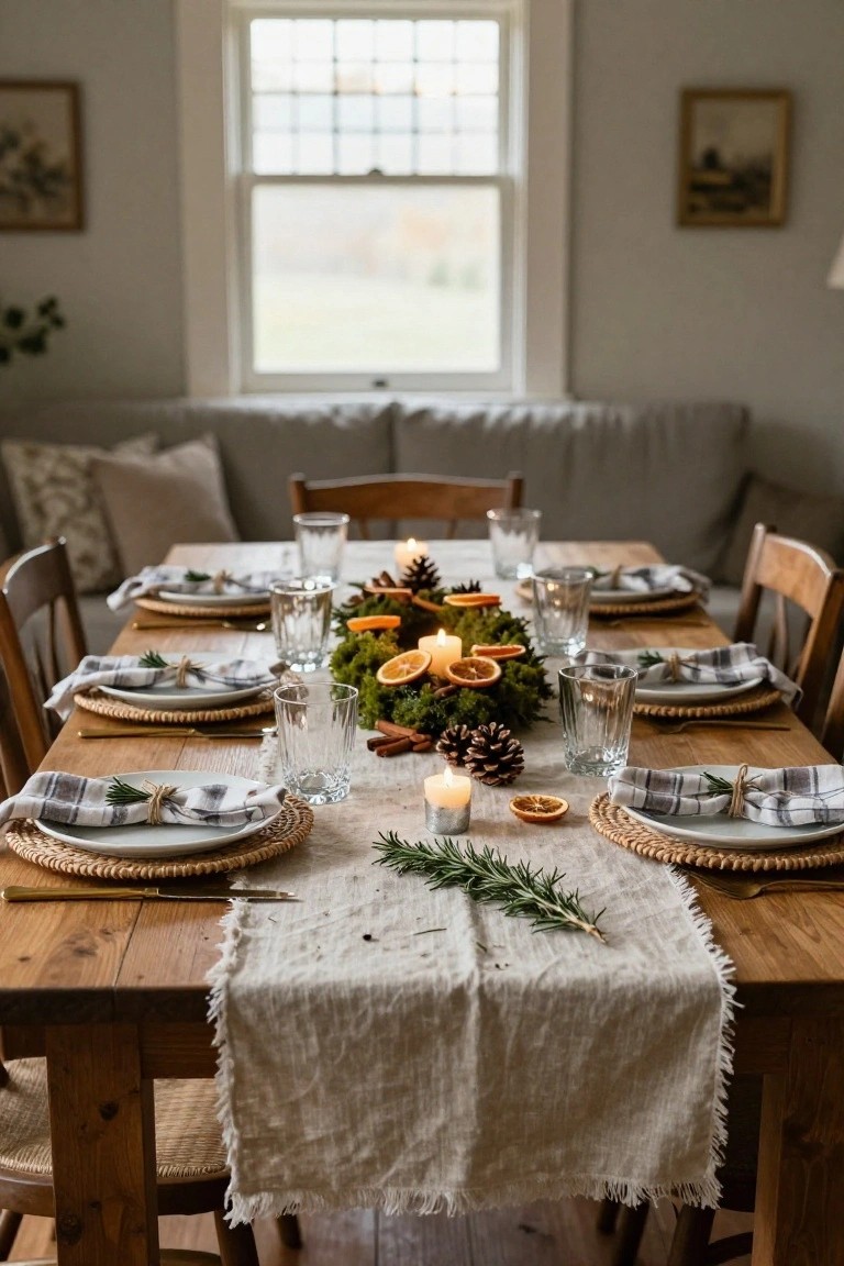 Wooden dining table with central moss wreath centerpiece including dried oranges, candles, pinecones, and rosemary sprigs, set with placemats, napkins, plates, and glassware in a light-filled room.