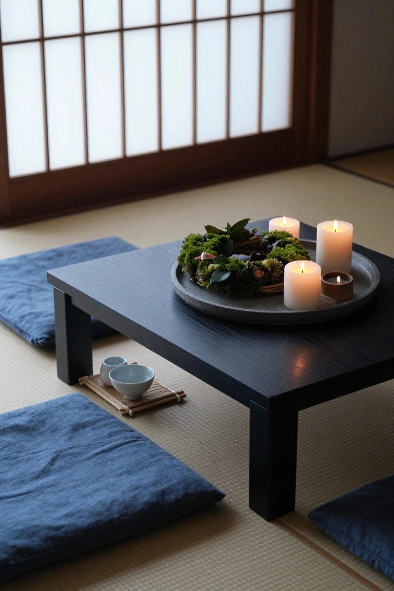 Low black square table on tatami floor mat holds gray platter with mossy circular wreath centerpiece, surrounded by white pillar candles, small blue teacups on bamboo tray, blue cushions nearby, shoji screen room with lit candles.